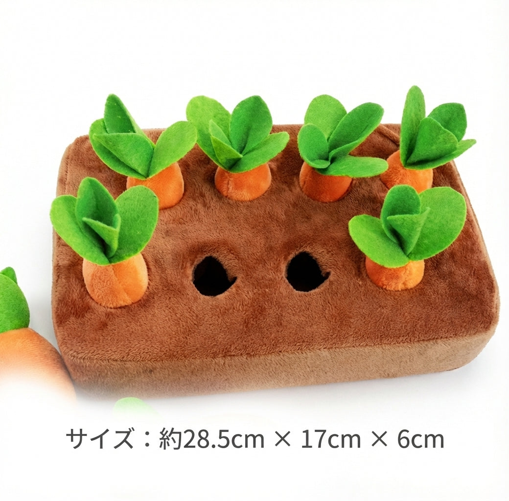 知育玩具ノーズワークマット by PetoPop、にんじん畑をモチーフにしたデザイン、茶色の生地と緑色の葉が特徴