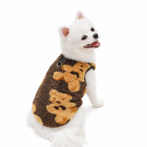 Brown and tan fluffy dog sweater with bear face pattern by PetoPop, worn by white dog in side view, featuring black strap and metal ring.