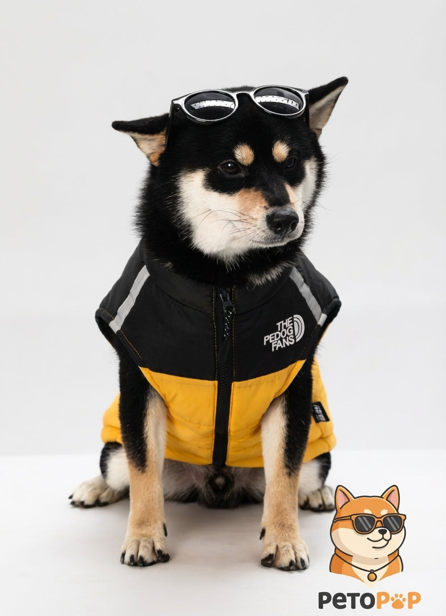 防風断熱ドッグパファージャケット、Petopop製、サングラスをかけた黒柴犬が着用