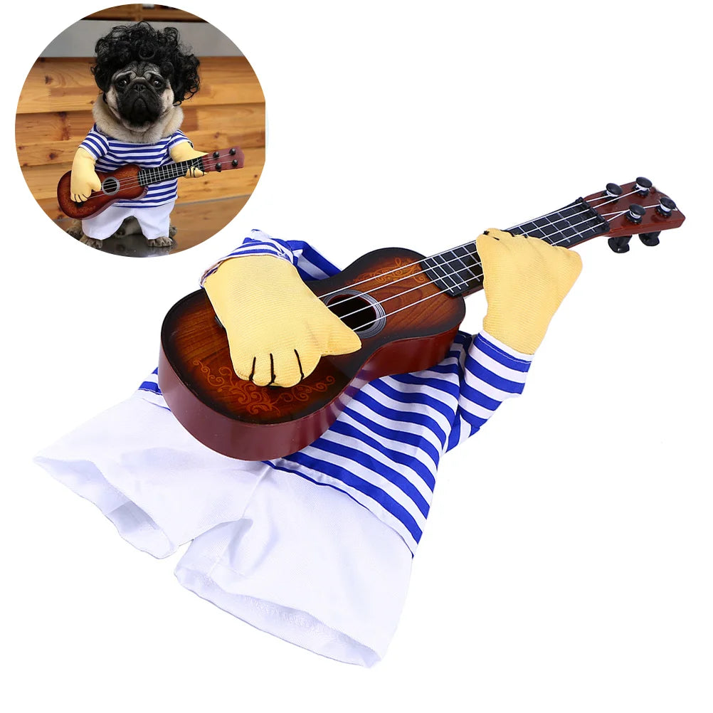 犬用ギター演奏コスチューム by Petopop、青と白のストライプのシャツと黄色の手袋、小型犬用。