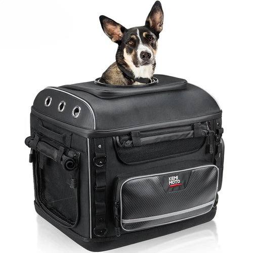 防水オックスフォード製のバイク用ペットキャリーバッグ(犬猫対応リアシートバッグ)、KEMiMOTO製、上部に犬が見える