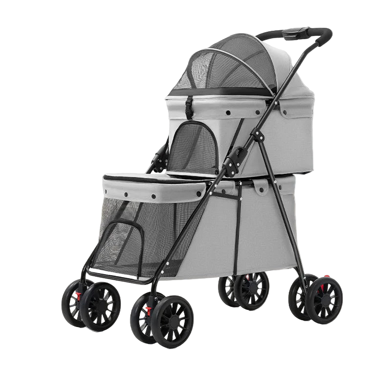 小型・中型犬猫用グレーのダブルペットストローラー(Petopop製)、片手で折りたたみ可能、2段式、メッシュ窓付き。