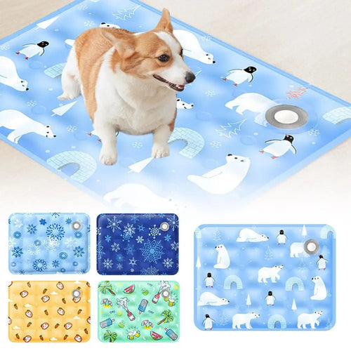 Blue gel cooling mat with polar bear and penguin print, featuring water-fillable center, shown with dog on top, available in multiple patterns and sizes