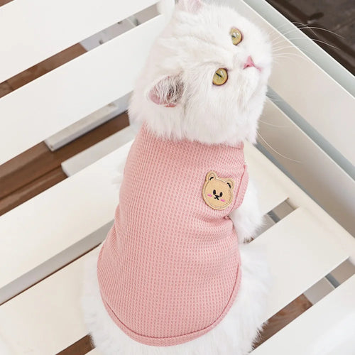 ピンク色の猫用サマーベスト(ワッフルベア柄ペット服)by Petopop、テディベアのアップリケが付き。