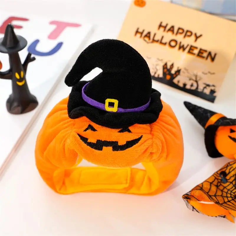 ハロウィンカボチャ帽子(犬猫用) Petopop製、黒い魔女帽子付き