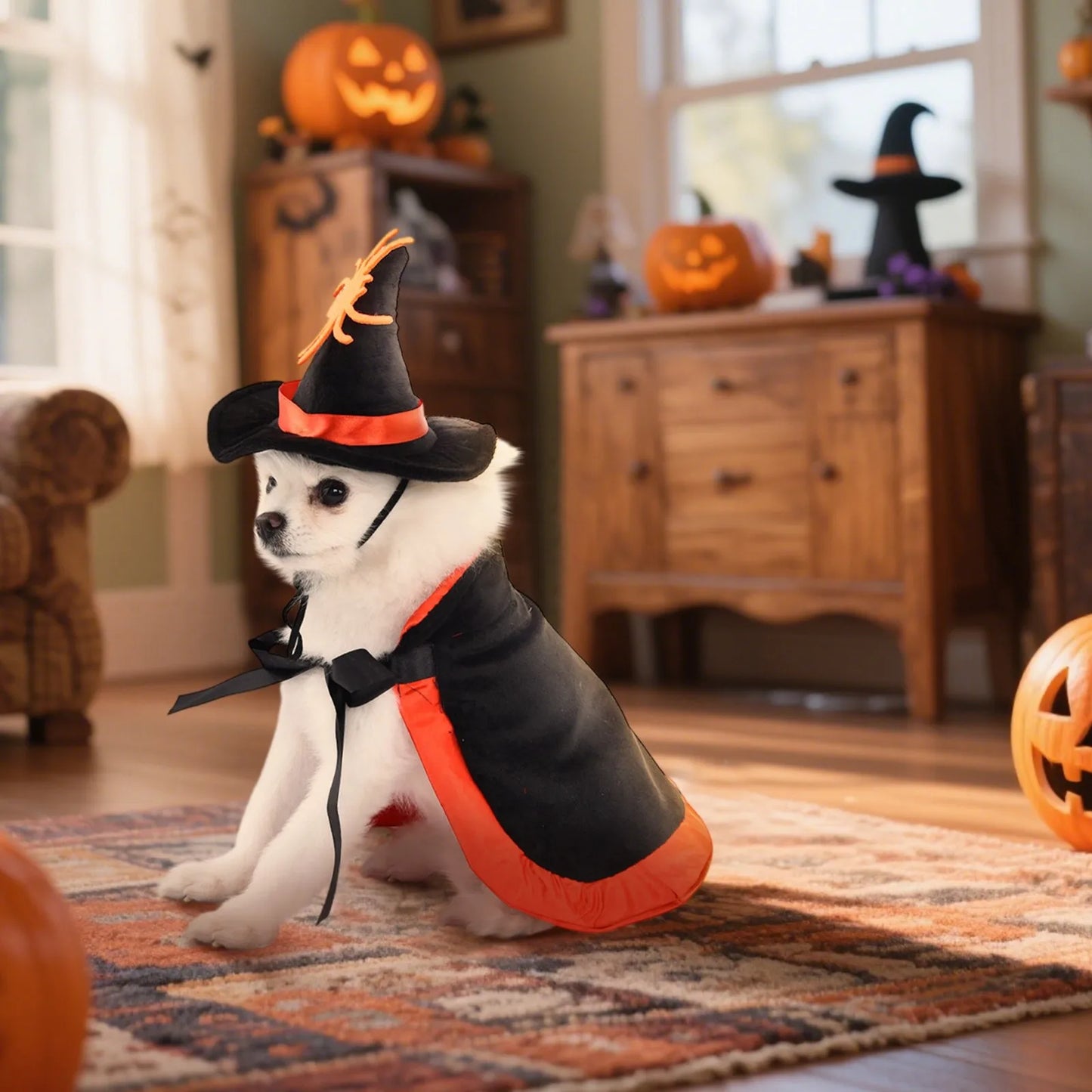 犬猫用ハロウィン魔女帽子とマントのセット Petopop製、オレンジ色のアクセントと黒いリボン付き