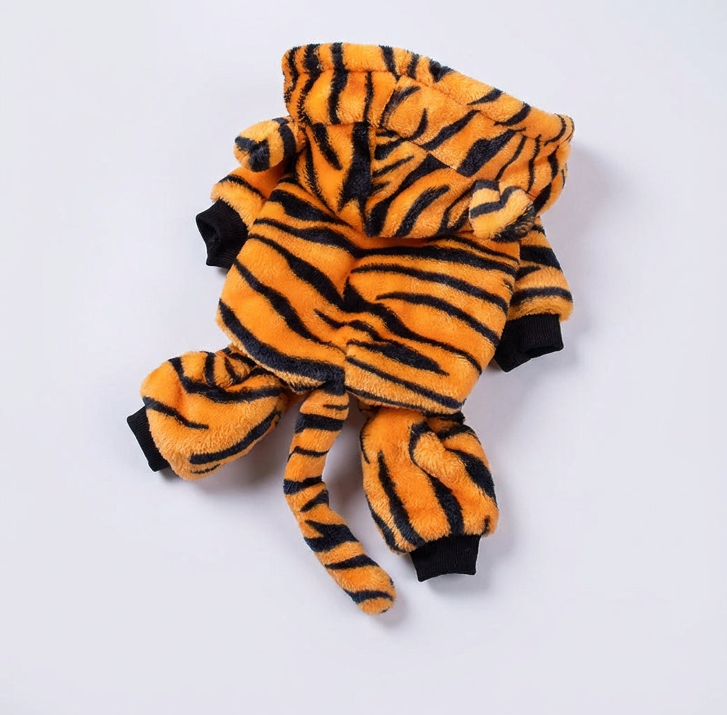 【PetoPop】トラさんに大変身!もこもこ裏起毛ロンパース|小型犬用・あったか防寒ウェア・着ぐるみ・SNS映え