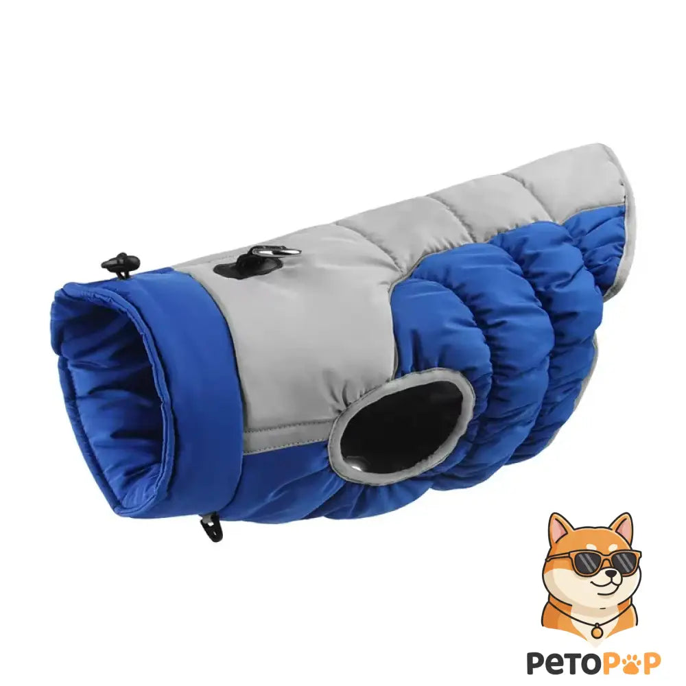 青とグレーの犬用ジャケット(冬用コート)は PetoPop 製で、防水加工が施され、暖かいパディングが施されています。