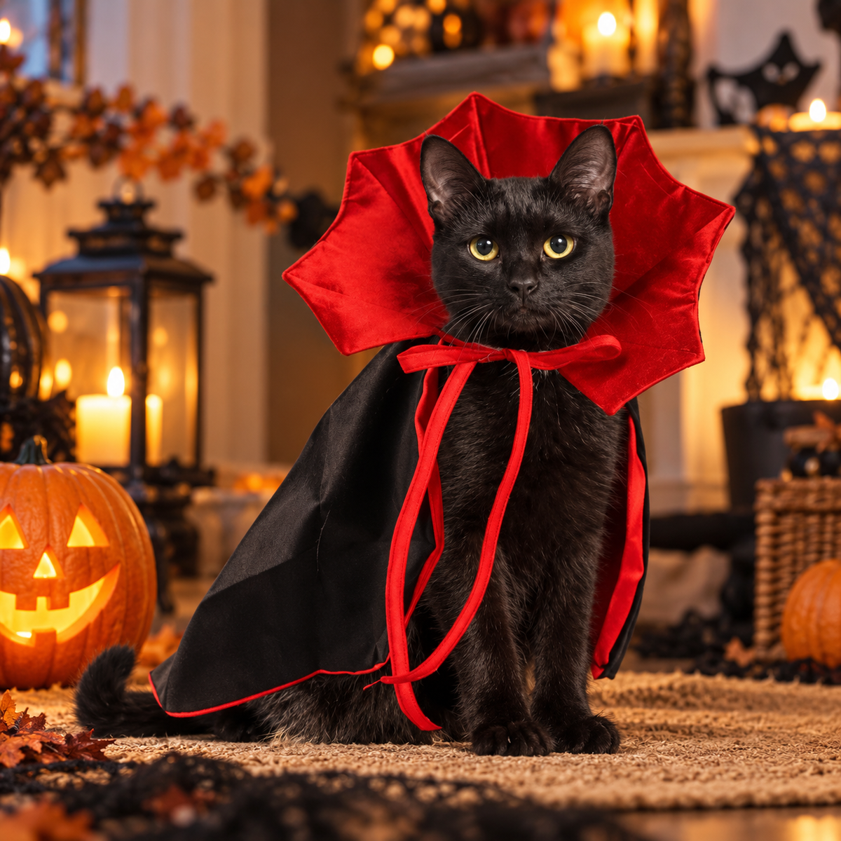 ハロウィンの室内で赤黒の吸血鬼ケープを着た黒猫