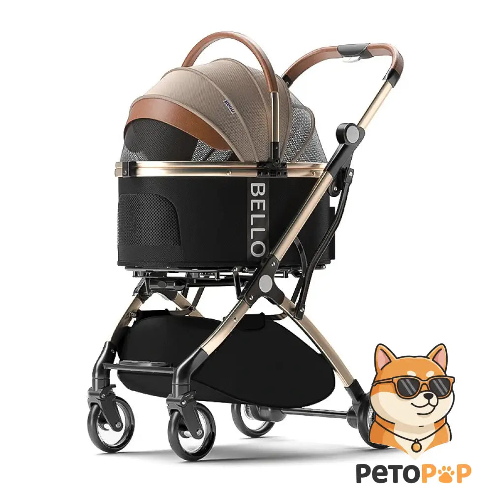 折りたたみ式ペットカート(黒)、Petopop製、ゴールドのフレームと茶色のハンドル付き、底に収納スペース