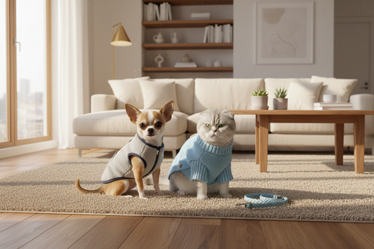 犬猫用冬服選び方のポイントをおしゃれな室内で着用中の犬と猫