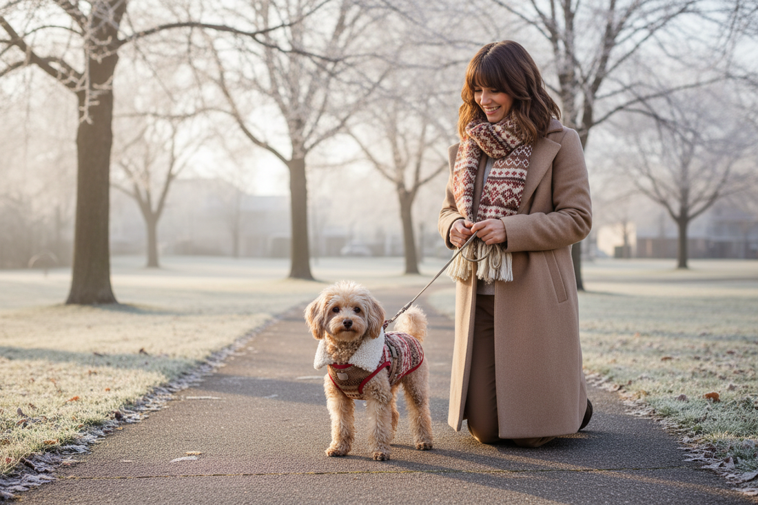 冬用ペット服おすすめの暖かい犬用コートで冬の散歩を楽しむ女性と愛犬