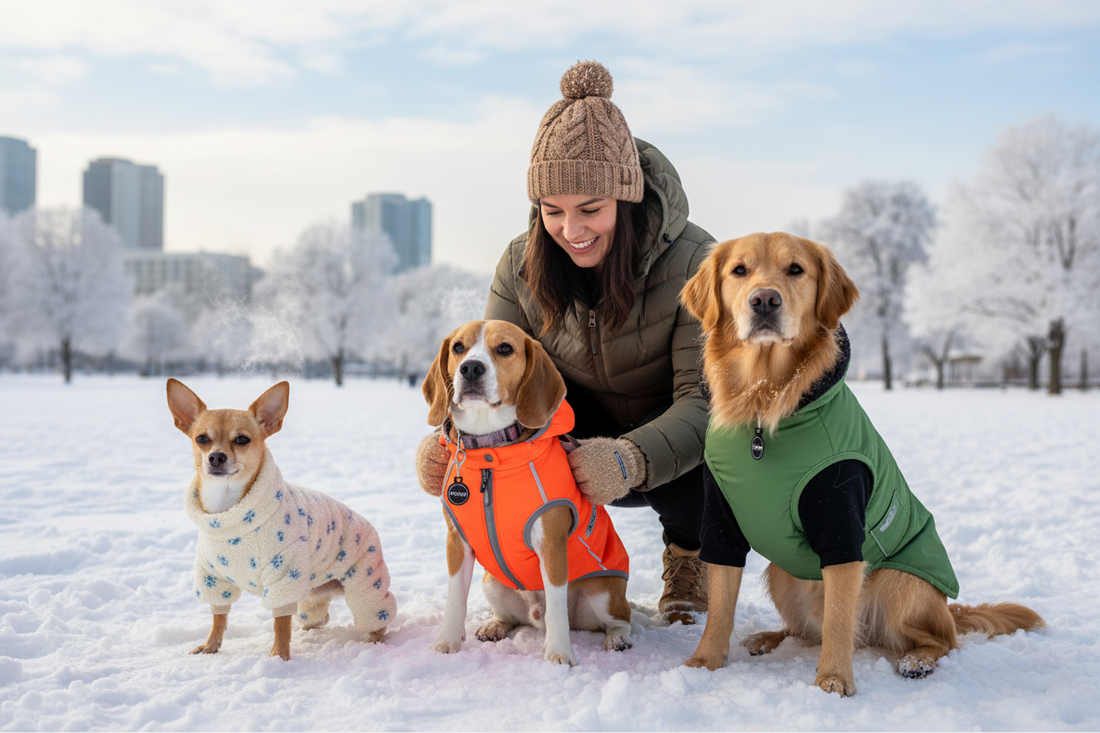 雪の中で冬用ペット服選び方を参考に暖かい服を着た犬たちと飼い主