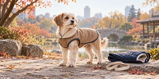 冬の公園で防寒コートを着た犬と、サイズ確認用のメジャー