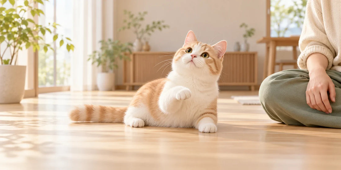明るい室内で飼い主のそばに座り、前足を上げる茶白の猫のイラスト