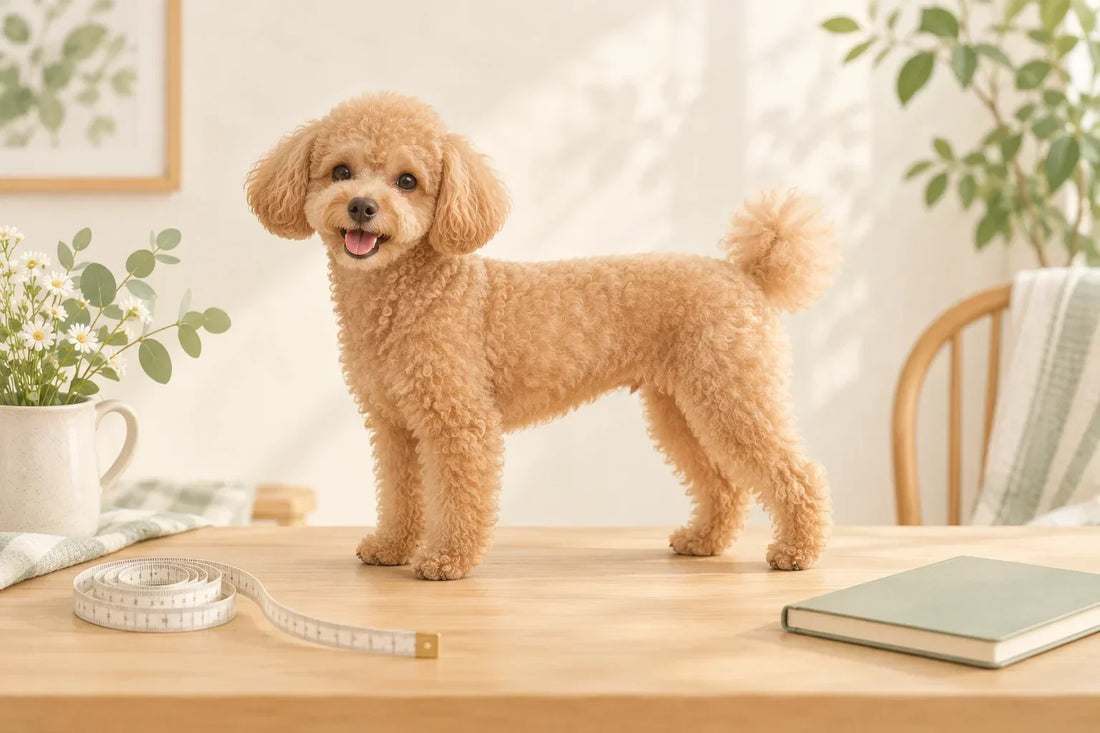 メジャーとノートのそばに立つ茶色の犬のイラスト