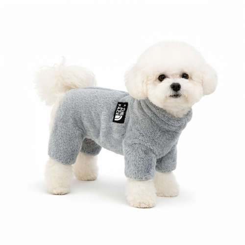 Gray fluffy zip-up dog sweater by Petopop, featuring soft boar texture and brand patch on side, worn by white dog in front view.