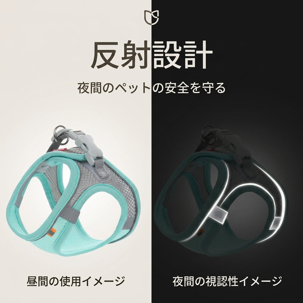 Reflective mesh dog harness in mint green with adjustable straps and safety clips, shown in daytime and nighttime views highlighting visibility features