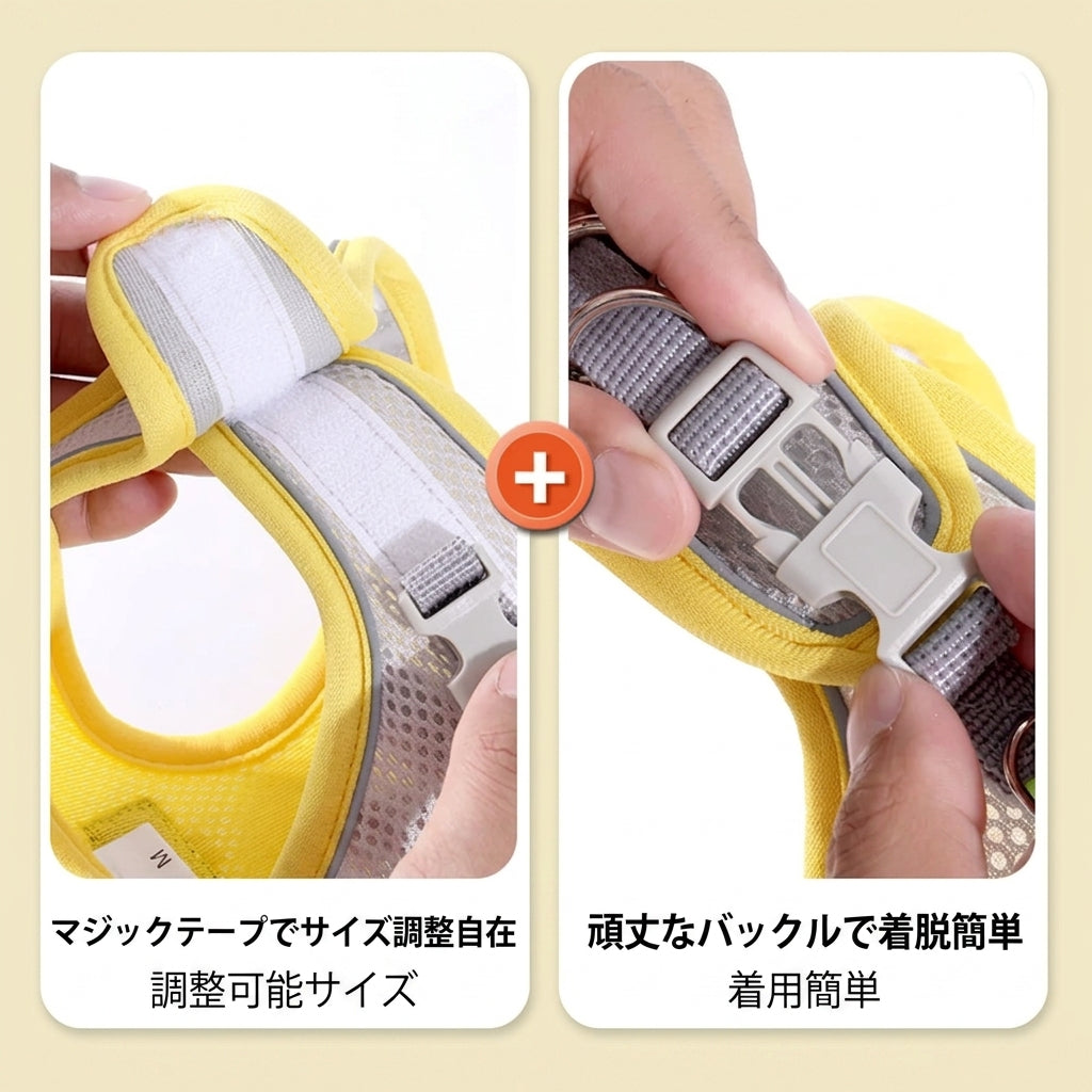 Yellow mesh dog harness vest with reflective strips and adjustable straps, featuring a secure plastic buckle and velcro closure for small to medium dogs.