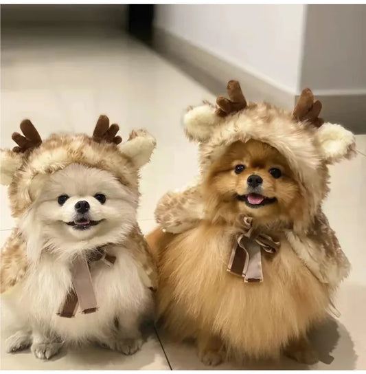 トナカイ変身マント (もこもこ＆ツノ付き) | 犬猫用・クリスマスコスチューム | PetoPop