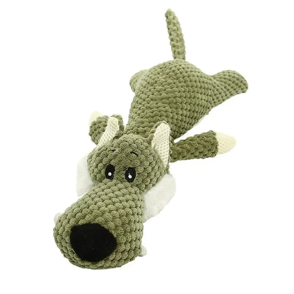オリーブグリーンのぬいぐるみのおもちゃ、Petopop製、犬のキャラクターで、口が大きく、歯磨き効果付き