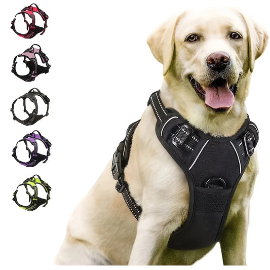 Black mesh dog harness with white reflective stripes and dual buckle safety locks, worn by a yellow Labrador, side view, with five color options shown.