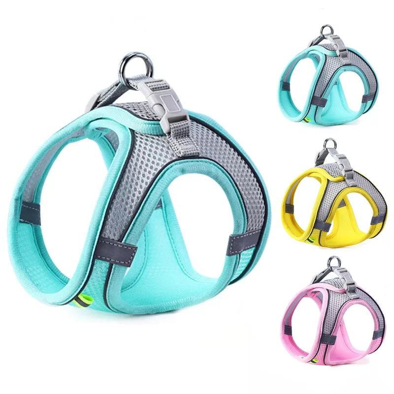 Turquoise mesh dog harness vest with reflective strips and adjustable buckle, featuring gray trim and side view display, shown with yellow and pink variants.