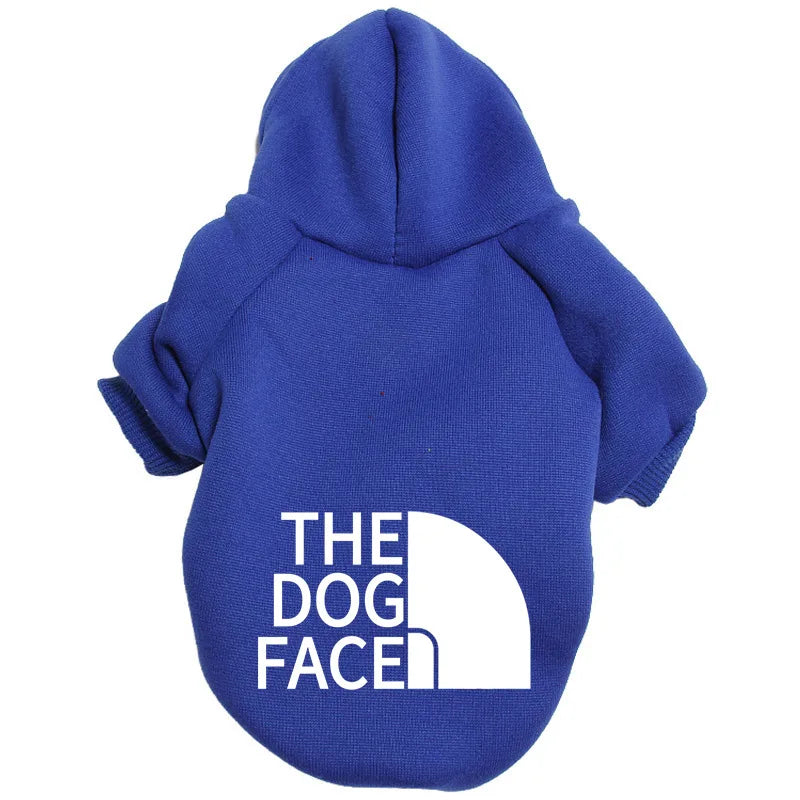 ロイヤルブルーのドッグフーディー（PetoPop製）、背面に「THE DOG FACE」のプリント付き