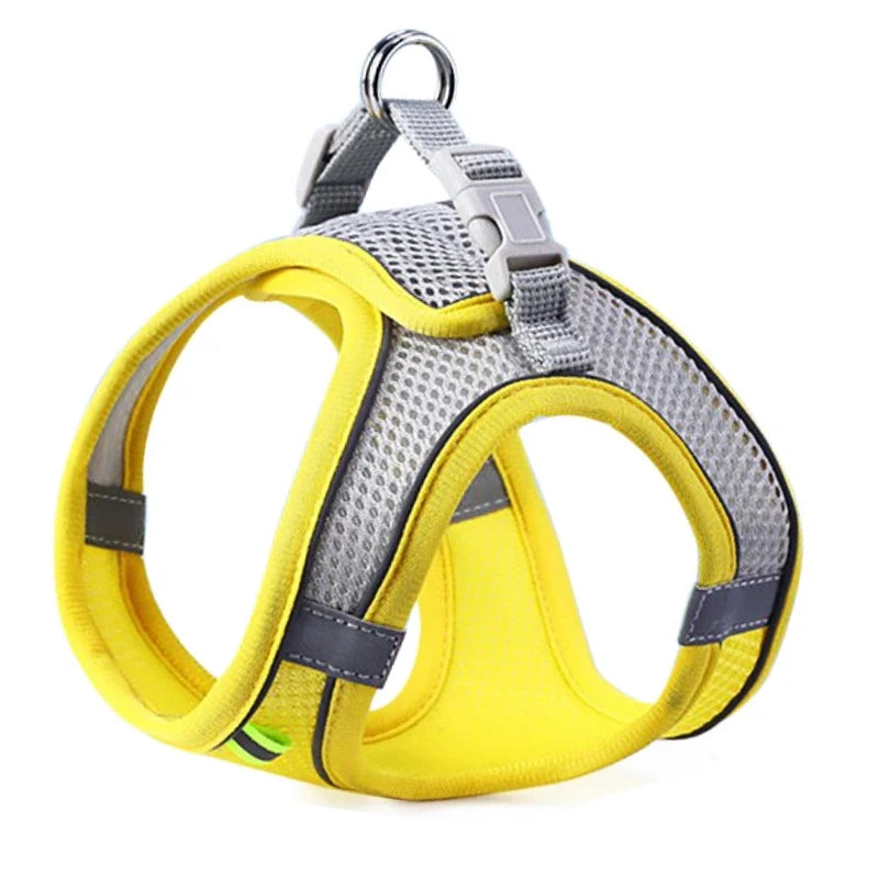 Yellow and gray mesh dog harness vest with reflective stripes and adjustable buckle, side view, breathable design for small to medium dogs