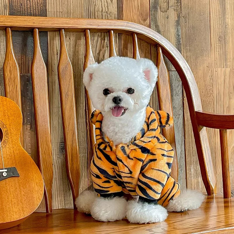 【PetoPop】トラさんに大変身！もこもこ裏起毛ロンパース｜小型犬用・あったか防寒ウェア・着ぐるみ・SNS映え