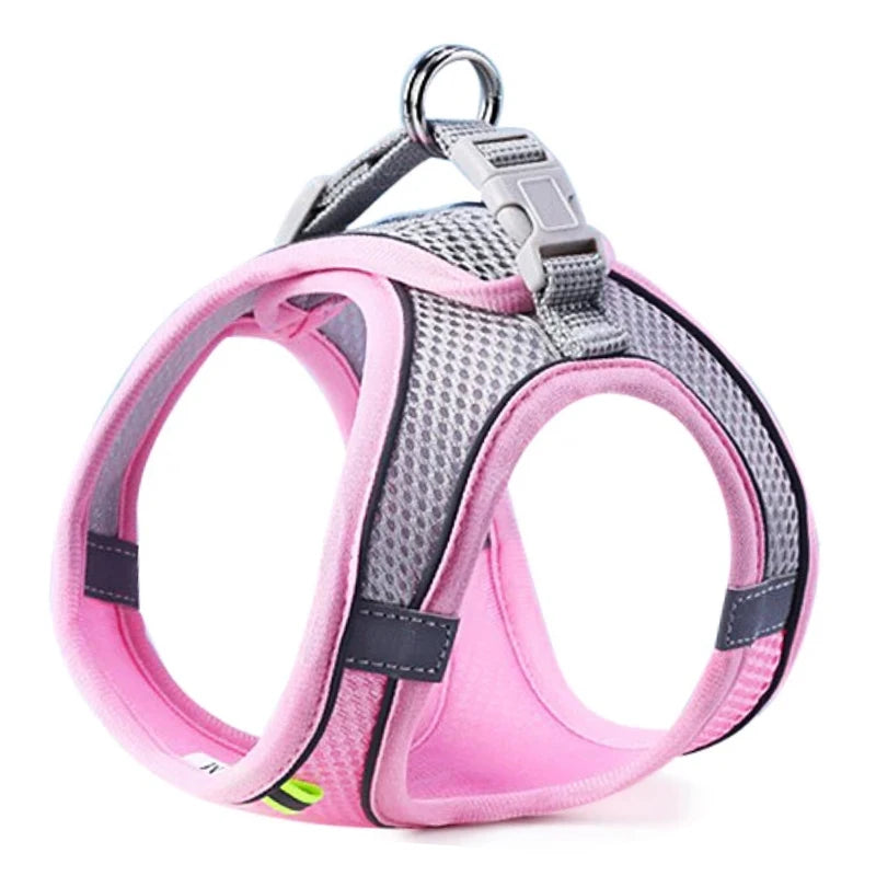 Pink and gray mesh dog harness vest with reflective strips and adjustable buckle, side view, breathable design for small to medium dogs