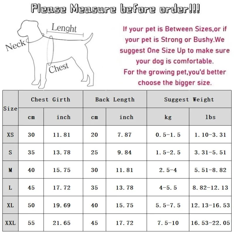 Size chart for pet dot-pattern dress by PetoPop, showing chest girth, back length, and weight ranges for XS to XXL, with dog measurement guide and sizing tips.
