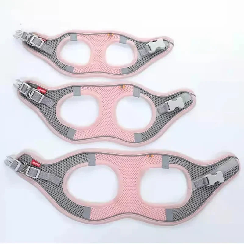 Pink and gray mesh dog harness vest with reflective strips and adjustable buckles, three sizes shown flat on white background
