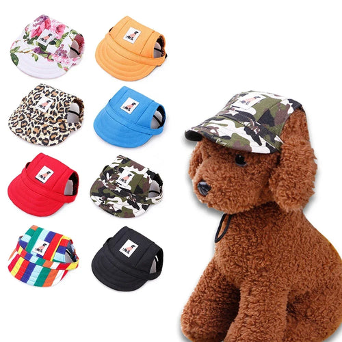 Stylish pet baseball cap with camouflage pattern worn by brown fluffy dog, shown with multiple color and print variations including floral, leopard, solid, and plaid designs.