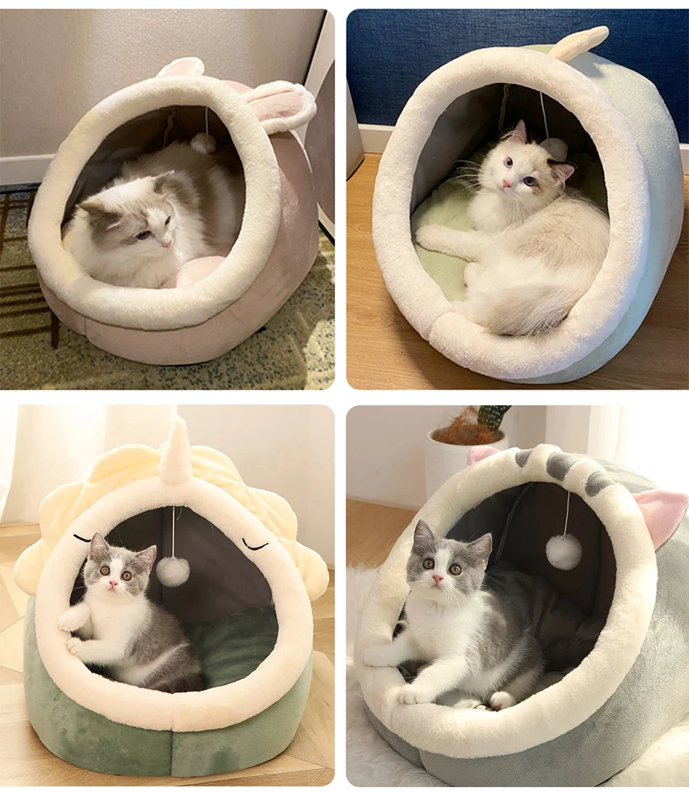 洗えるふわふわクッション付き2WAYドーム型キャットベッド（猫ちぐら）by PetoPop、かわいい動物デザインの入り口、快適そうな猫入り。