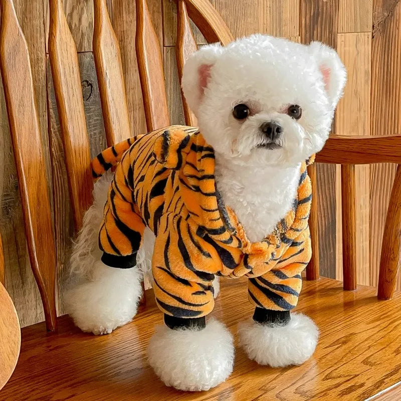 【PetoPop】トラさんに大変身！もこもこ裏起毛ロンパース｜小型犬用・あったか防寒ウェア・着ぐるみ・SNS映え