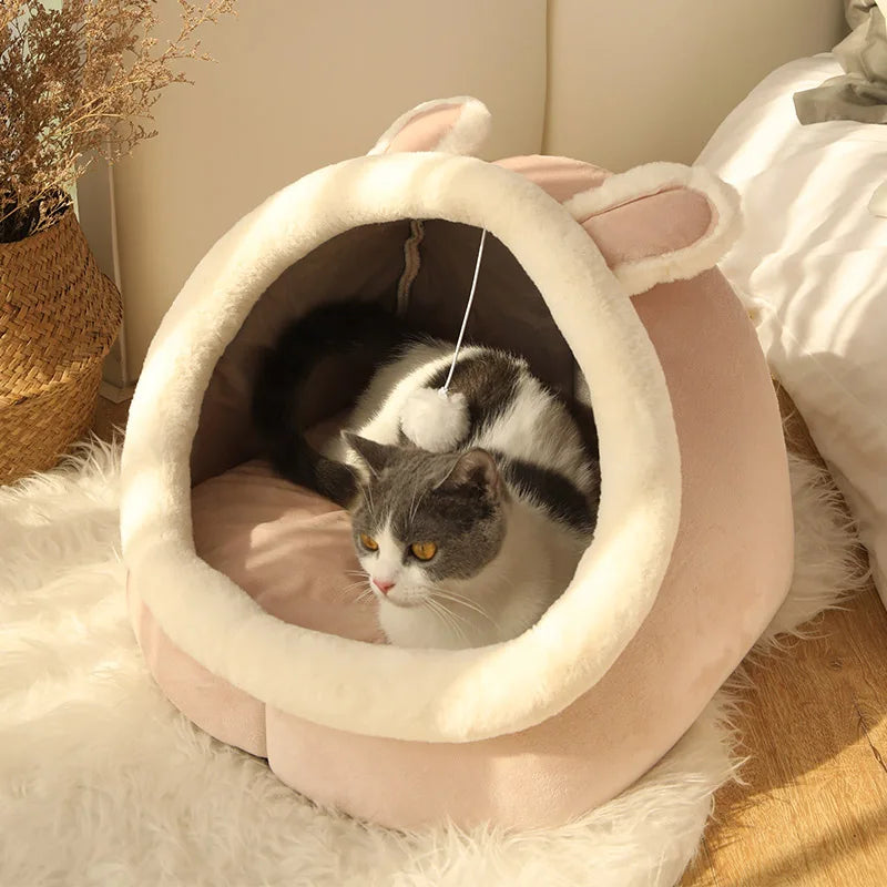 洗えるふわふわクッション付き2WAYドーム型キャットベッド（猫ちぐら） by PetoPop、猫が入った部屋のインテリア