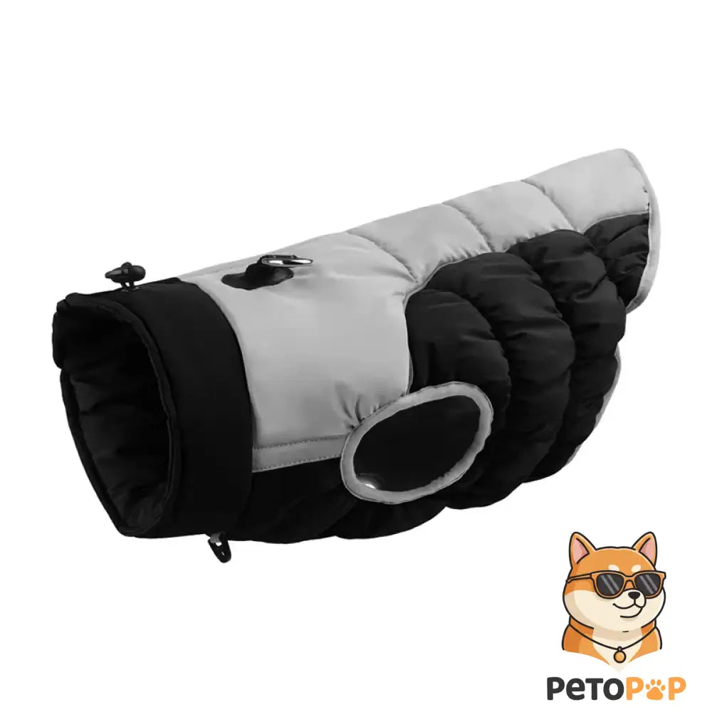 黒とグレーの犬用防寒ジャケット（冬用コート） - PetoPop製、パッド入り、袖とハーネス用の穴付き