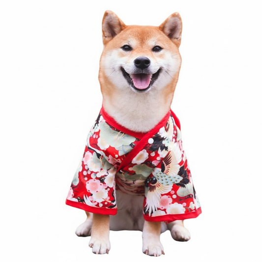【PetoPop】華やか和柄・本格ペット用着物｜鶴と桜の伝統模様・お正月・お祝い事・晴れ着