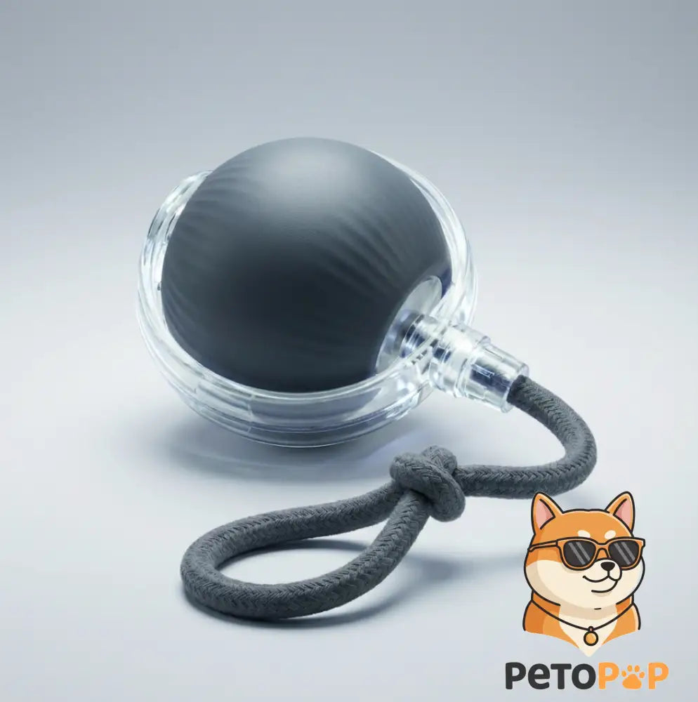 グレーのペット用ボール、petopop.com製、透明なプラスチック製シェルと結び目のあるロープ付き