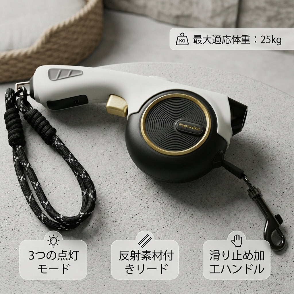 PetoPop ナイトウォーカー LED伸縮リード｜3段階調光・USB充電式・高反射テープ採用（4m / 25kg対応）