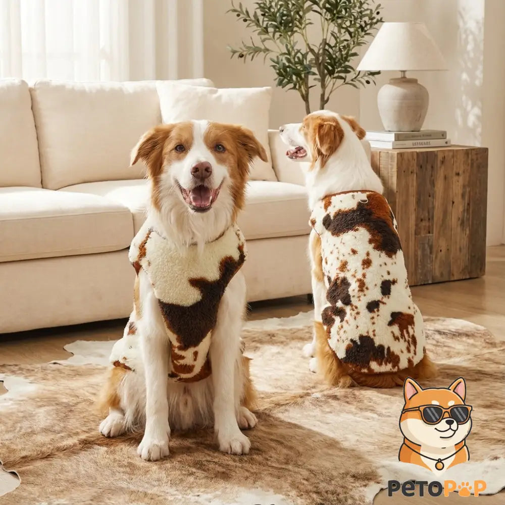 犬猫用フランネルパジャマ、PetoPop製、茶色と白の模様、犬が着用しているライフスタイル写真