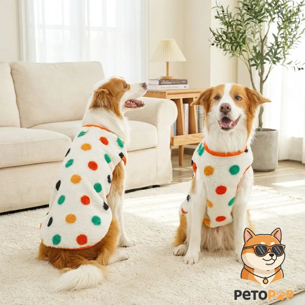 犬猫用フランネルパジャマ（水玉模様） - PetoPop製、小型犬と超大型犬に対応、M〜7XLのサイズ展開。